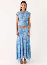 Liana Ruched Maxi Skirt - Aqua Paisley