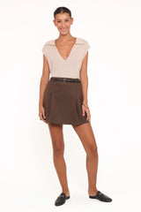 Cassia Belted Aline Skirt - Chocolate Brown