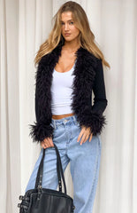 Violetta Black Fur Trim Knit Cardigan - PRE ORDER