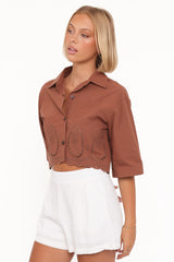 Williams Cropped Eyelet Button Up Shirt - Brown