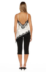 Ziva White Satin Lace Trim Asymmetrical Top