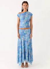 Liana Ruched Maxi Skirt - Aqua Paisley